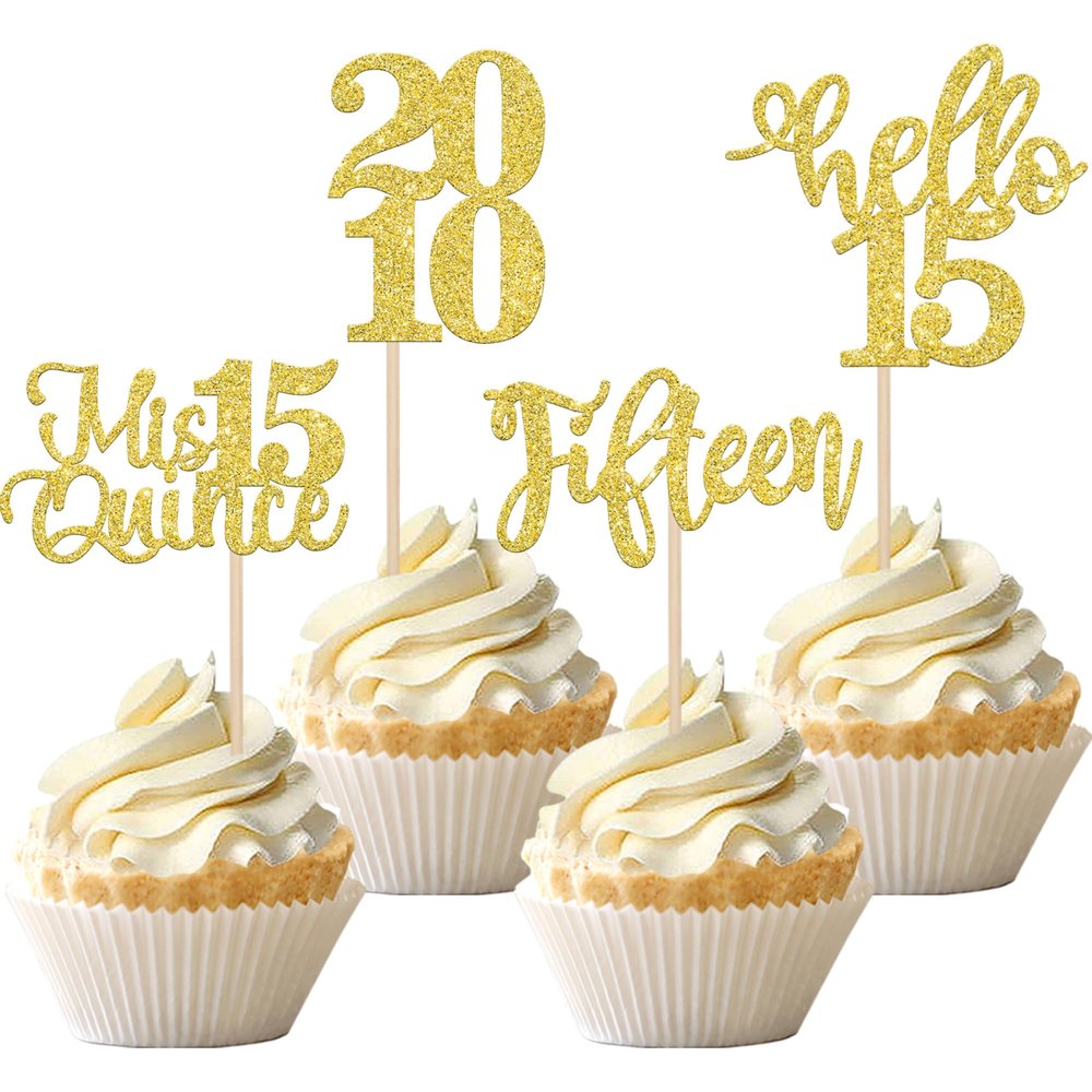 24 PCS Glitter 15th Birthday Cupcake Toppers Hello 15 Fifteen Cupcake Picks Mis Quince Since 2010 Cupcake Topper for Happy 15th Birthday Anniversary Party Cake Decorations Supplies Gold