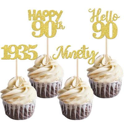 24 PCS Happy 90th Birthday Cupcake Toppers Glitter Hello 90 Cupcake Picks Ninety Since 1935 Cupcake Decorations for 90th Birthday Anniversary Retirement Party Cake Decoration Supplies Gold