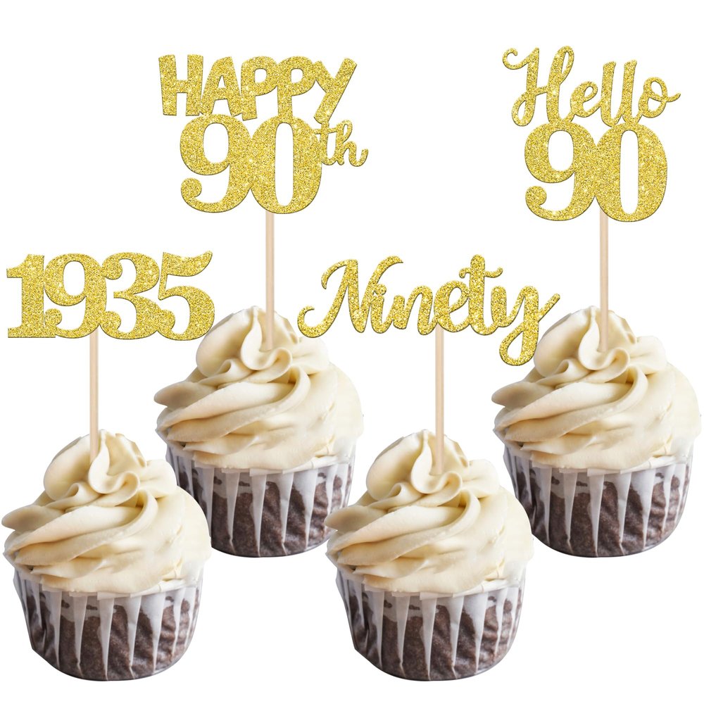 24 PCS Happy 90th Birthday Cupcake Toppers Glitter Hello 90 Cupcake Picks Ninety Since 1935 Cupcake Decorations for 90th Birthday Anniversary Retirement Party Cake Decoration Supplies Gold
