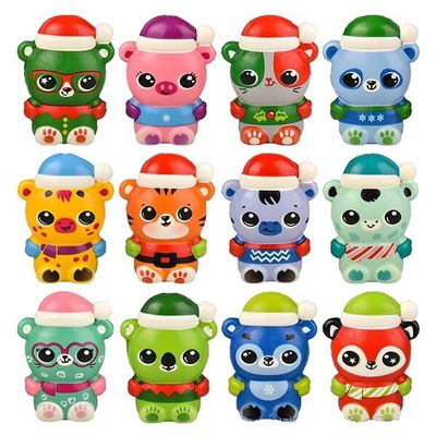 Set of 24 Mini Winter Animal Themed Slow Rise Squishy Toys - Pig, Bear, Zebra, Memory Foam Squish Stress Ball - Winter Christmas