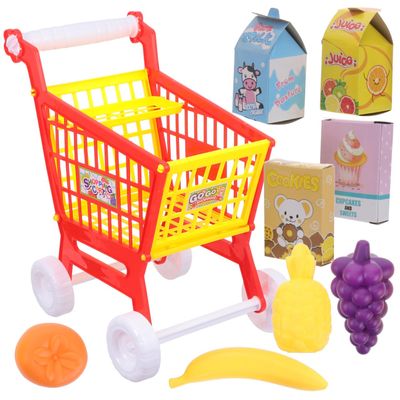 Kids Early Education Play Cart Toy Set - Fun Grocery Shopping Cart with Fake Fruits and Vegetables for Toddlers (Red)