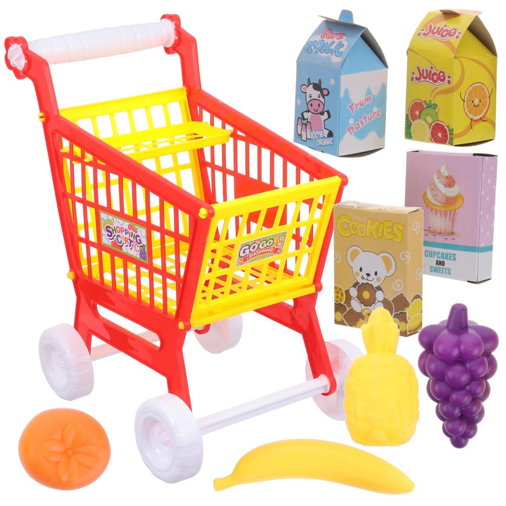Kids Early Education Play Cart Toy Set - Fun Grocery Shopping Cart with Fake Fruits and Vegetables for Toddlers (Red)