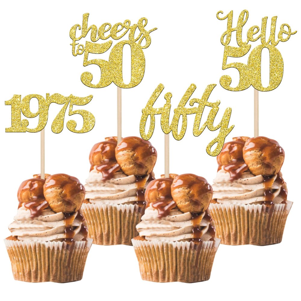 24 PCS Glitter 50th Birthday Cupcake Toppers Hello 50 Fifty Cupcake Picks Cheers to 50 Since 1975 Cake Decorations for Happy 50th Birthday Wedding Anniversary Party Decoration Supplies Gold