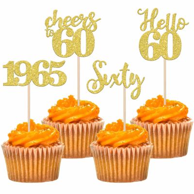 24 PCS Glitter 60th Birthday Cupcake Toppers Hello 60 Sxity Cupcake Picks Cheers to 60 Since 1965 Cake Decorations for Happy 60th Birthday Anniversary Retirement Party Decoration Supplies Gold