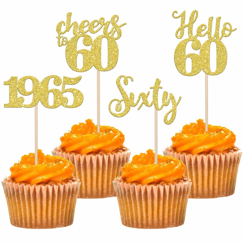 24 PCS Glitter 60th Birthday Cupcake Toppers Hello 60 Sxity Cupcake Picks Cheers to 60 Since 1965 Cake Decorations for Happy 60th Birthday Anniversary Retirement Party Decoration Supplies Gold