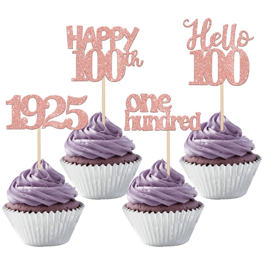 24 PCS Happy 100th Birthday Cupcake Toppers Glitter Hello 100 Cupcake Picks One Hundred Since 1925 Cupcake Decorations for 100th Birthday Anniversary Party Cake Decoration Supplies Rose Gold