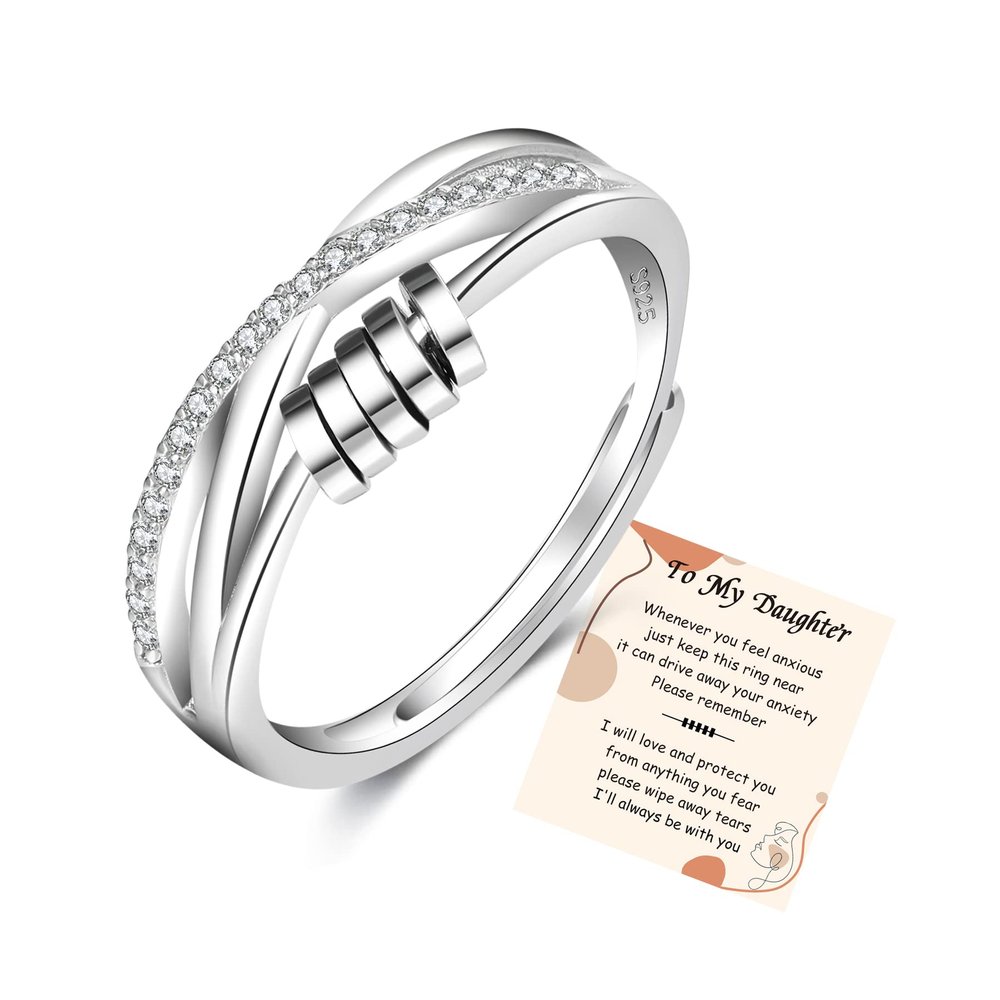 PABBEU To My Daughter - 925 Sterling Silver Anxiety Ring for Women Fidget Rings for Anxiety Spinning Bead With Cubic Zircon Adjustable Stacking Spinner Band Ring for Women
