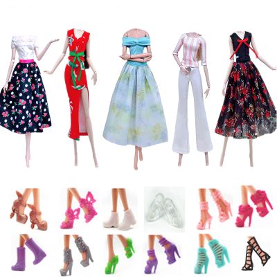 Fashion Doll Clothes Dress and Accessories 5 Sets Doll Dress Outfits + 12 Pairs Random Style Shoes for 11.5" Girl Dolls (Style F)