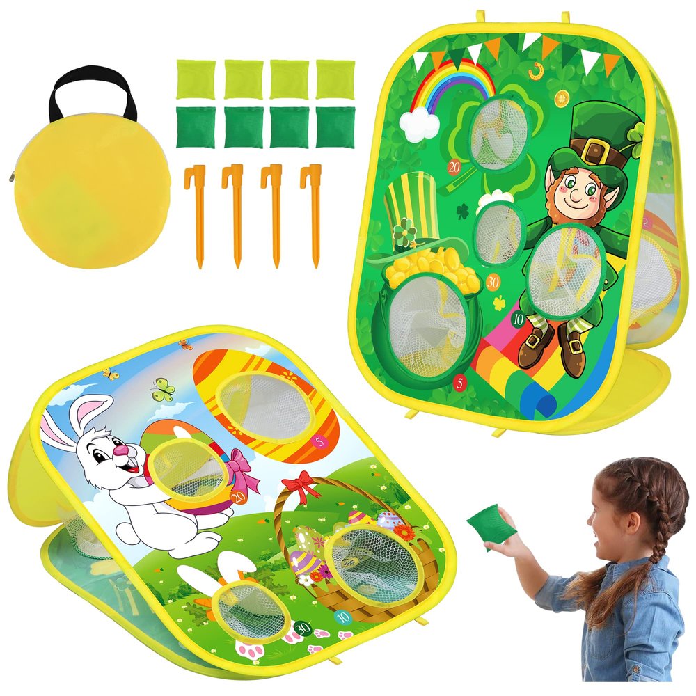 2 in 1 St Patricks Day Easter Bean Bag Toss Games for Kids, St Patricks Day Leprechaun Bunny Tossing Games Easter Gifts Party Favors for Kids Ages 4 8 Outdoor Yard Toys