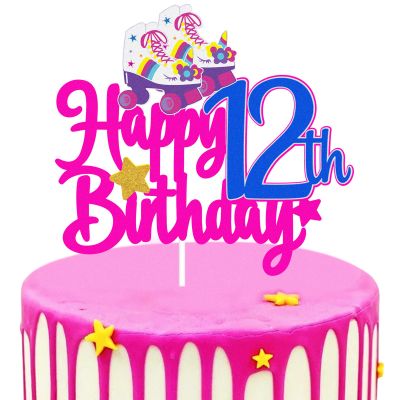 12th Birthday Roller Skate Happy Birthday Cake Topper - Colorful 80s 90s Rolling Retro Hip Hop Theme Party Cake Decoration Supplies for Girls Kids