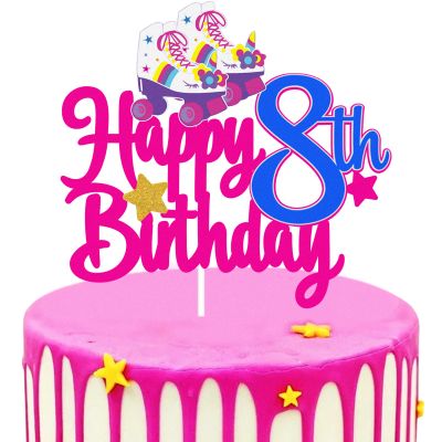 8th Birthday Roller Skate Happy Birthday Cake Topper - Colorful 80s 90s Rolling Retro Hip Hop Theme Party Cake Decoration Supplies for Girls Kids