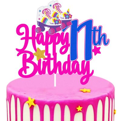 11th Birthday Roller Skate Happy Birthday Cake Topper - Colorful 80s 90s Rolling Retro Hip Hop Theme Party Cake Decoration Supplies for Girls Kids