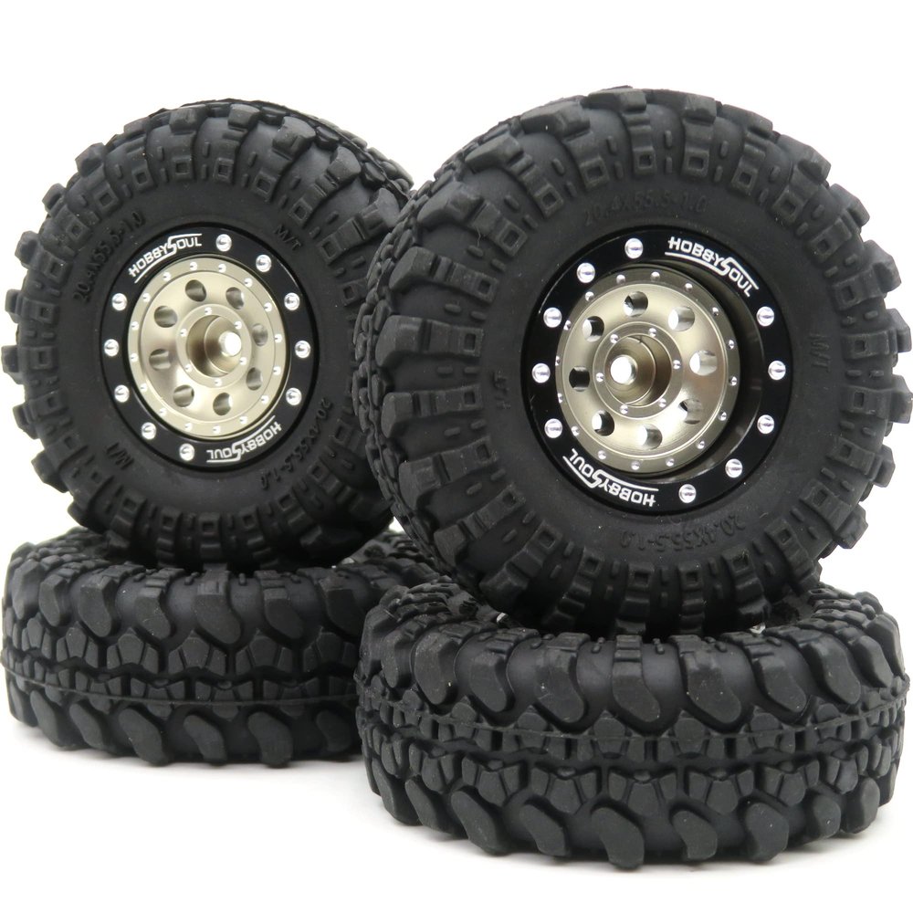 hobbysoul RC 1/24 Tires & Heavy Adjustable Offset 1.0 beadlock Wheels, 1.0 Wheels Rims and Tires for 1:24 RC Crawler Axial SCX24,(4-Pack, Assembled)