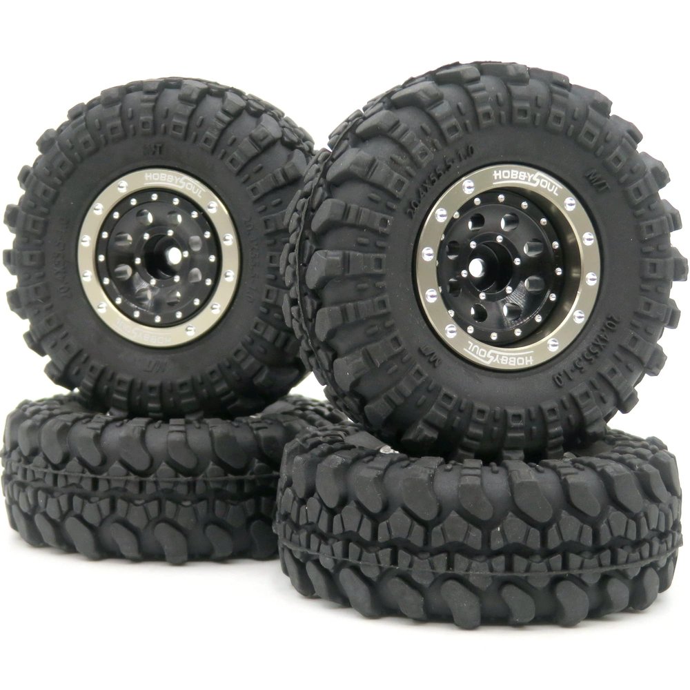 hobbysoul Adjustable Offset 1/24 Wheels and Tires, 1.0 Tires & Negative Offset Heavy 1.0 Beadlock Wheels Rims for 1:24 RC Crawler Axial SCX24,(4-Pack, Assembled)
