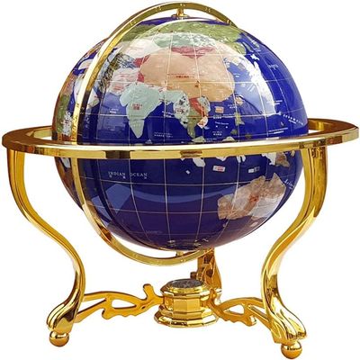 World Globe Natural Gem World Globe with Zinc Alloy Stand High End Globe Handcrafted Vintage Geographic Globe 17.7" Height 12.9" Diameter Clear Text Marking