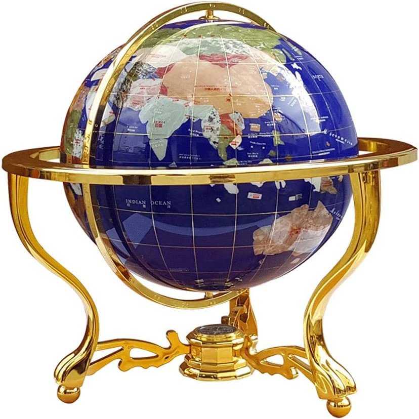 World Globe Natural Gem World Globe with Zinc Alloy Stand High End Globe Handcrafted Vintage Geographic Globe 17.7" Height 12.9" Diameter Clear Text Marking