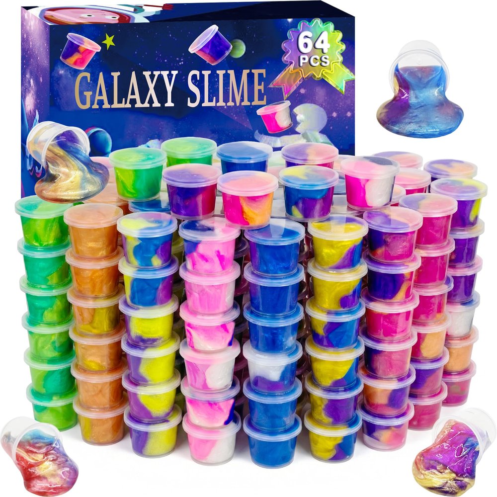 ZOnFRTO 64 Packs Galaxy Putty Slime, Party Favor for Kids Girls & Boys, Adults, Non Sticky, UnscentedStress & Anxiety Relief, Wet, Super Soft Sludge Toy
