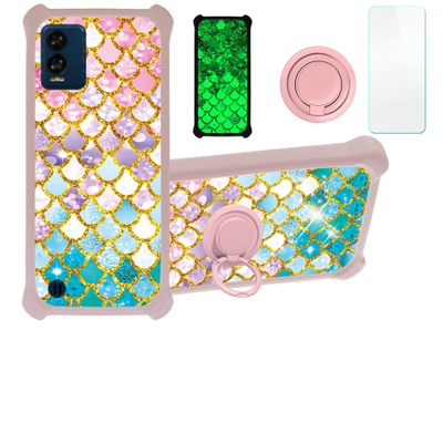 BLU View Speed 5G Case Compatible with BLU View Speed 5G B1550VL Phone Case Cover [with Tempered Glass Screen Protector][Hard PC + Soft Silicone][Ring Support] [Gold Glitter+Luminous] JSF-YL