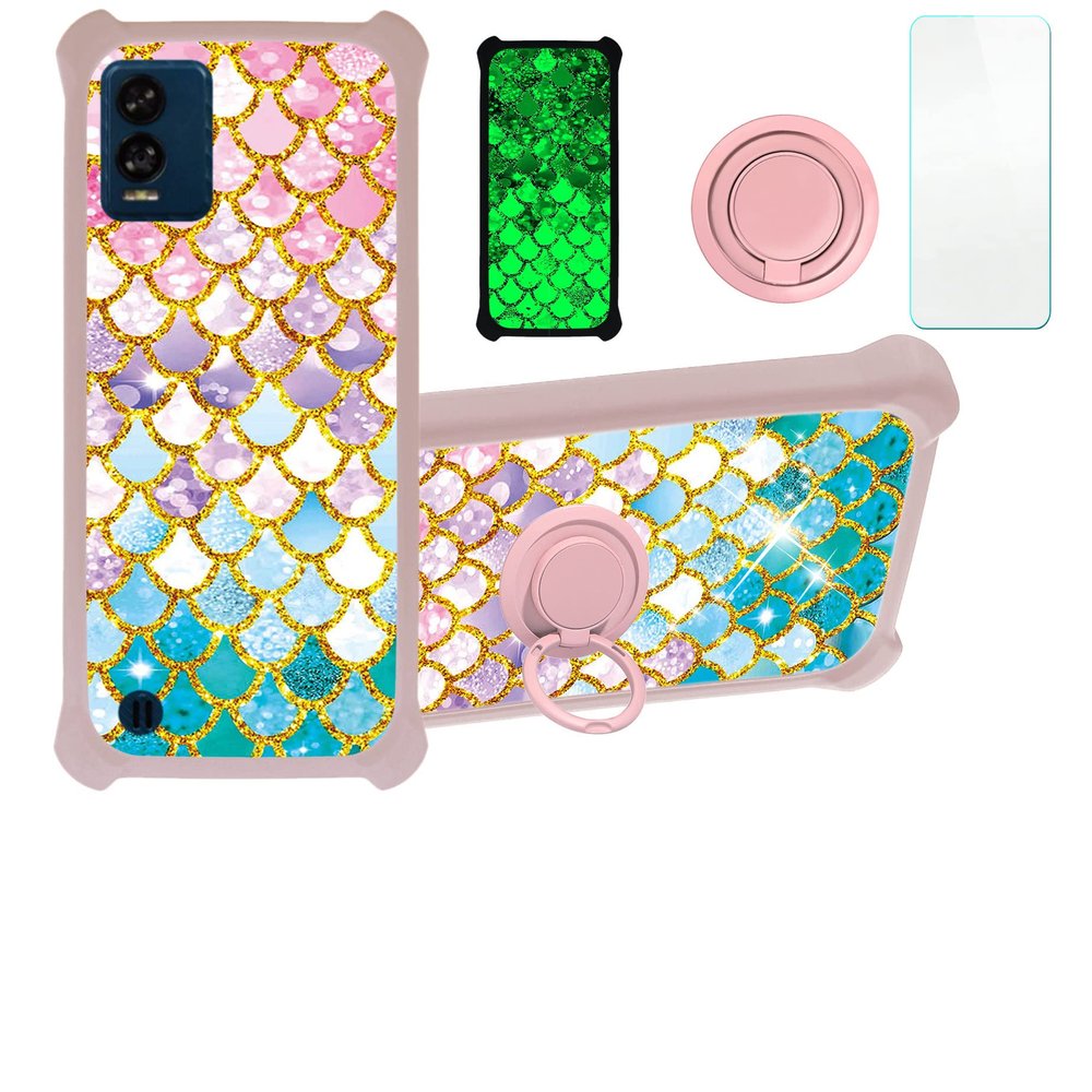 BLU View Speed 5G Case Compatible with BLU View Speed 5G B1550VL Phone Case Cover [with Tempered Glass Screen Protector][Hard PC + Soft Silicone][Ring Support] [Gold Glitter+Luminous] JSF-YL