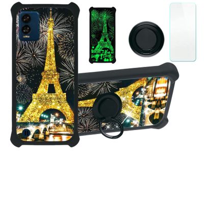 BLU View Speed 5G Case Compatible with BLU View Speed 5G B1550VL Phone Case Cover [with Tempered Glass Screen Protector][Hard PC + Soft Silicone][Ring Support] [Gold Glitter+Luminous] JSH-TT