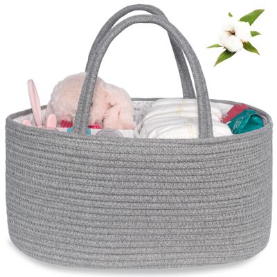 ABenkle Diaper Caddy Organizer, Rustic Boho Cotton Rope Nursery Baby Basket, Changing Table Organizer for Baby Diaper Storage, Neutral Grey