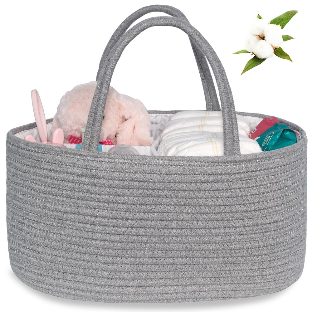 ABenkle Diaper Caddy Organizer, Rustic Boho Cotton Rope Nursery Baby Basket, Changing Table Organizer for Baby Diaper Storage, Neutral Grey