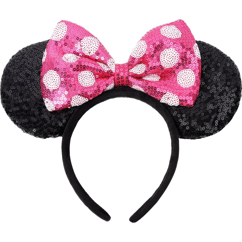 UNSPAZ Mouse Ears Headbands, Sequin Mouse Ears for Women Girls Boys, Shiny Bow Headband for Cosplay Party Decorations Hair Accessories (Pink)