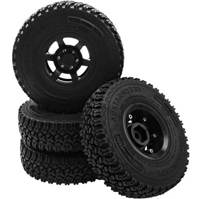 4Pcs HIRCQOO 1.55'' Beadlock Plastic Wheel Rims Rim Rubber Tires Tyre 12mm Hex Compatible with RC4WD D90 TF2 Tamiya CC01 LC70 LC80 MST Axial AX90069 1/10 RC Crawler (Black)