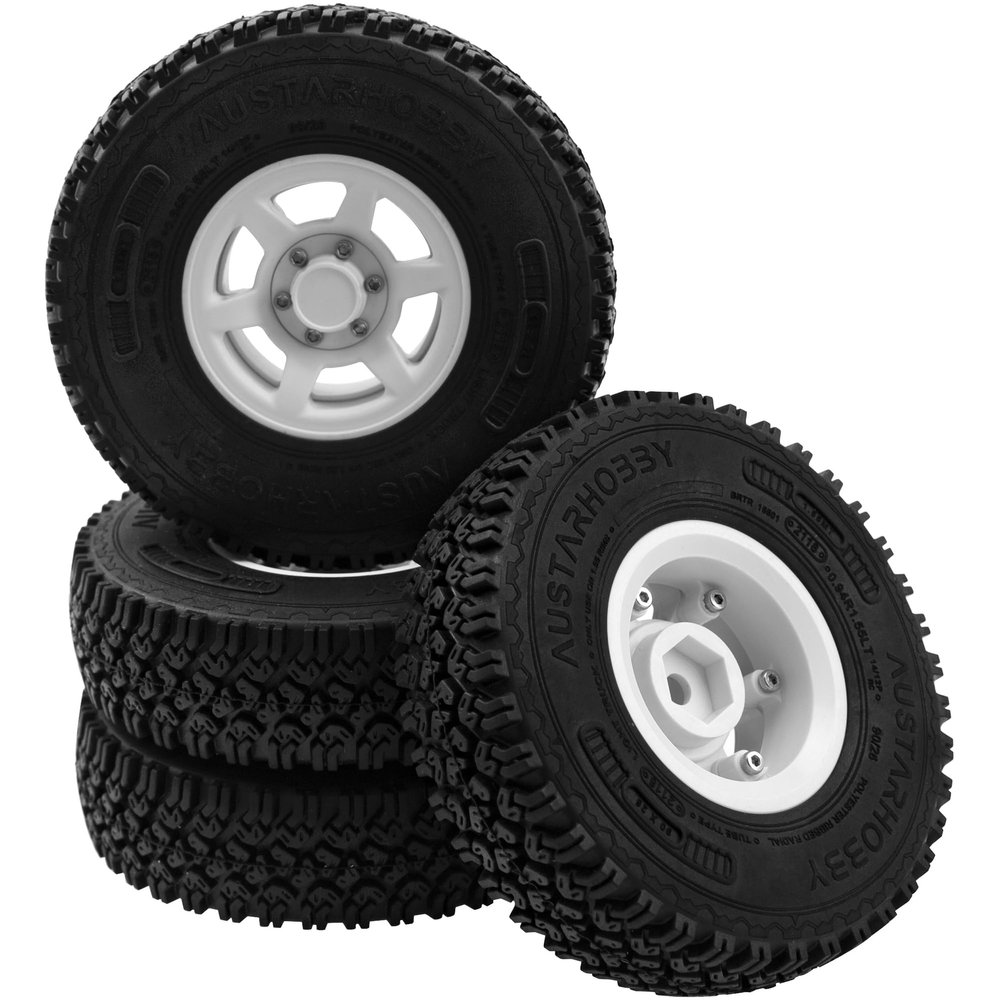 4Pcs HIRCQOO 1.55'' Beadlock Plastic Wheel Rims Rim Rubber Tires Tyre 12mm Hex Compatible with RC4WD D90 TF2 Tamiya CC01 LC70 LC80 MST Axial AX90069 1/10 RC Crawler (White)