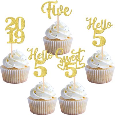 24 PCS Glitter 5th Birthday Cupcake Toppers Hello 5 Five Cupcake Picks Sweet 5 Since 2019 Cupcake Topper for Happy 5th Birthday Anniversary Party Cake Decorations Supplies Gold