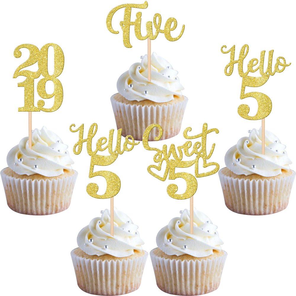 24 PCS Glitter 5th Birthday Cupcake Toppers Hello 5 Five Cupcake Picks Sweet 5 Since 2019 Cupcake Topper for Happy 5th Birthday Anniversary Party Cake Decorations Supplies Gold