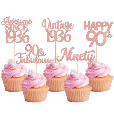 30PCS Vintage 1936 Cupcake Toppers Glitter Ninety 90 Fabulous Happy 90th Birthday Cupcake Picks Awesome Since 1936 Cake Decorations for 90th Birthday Anniversary Retirement Party Supplies Rose Gold