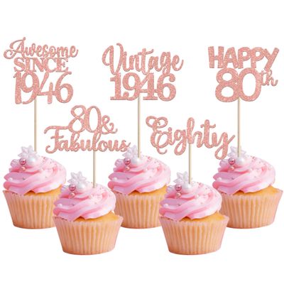 30PCS Vintage 1946 Cupcake Toppers Glitter Eighty 80 Fabulous Happy 80th Birthday Cupcake Picks Awesome Since 1946 Cake Decorations for 80th Birthday Anniversary Retirement Party Supplies Rose Gold