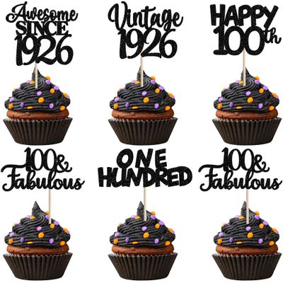 30PCS Happy 100th Birthday Cupcake Toppers Glitter Awesome Since 1926 One Hundred 100 Fabulous Vintage 1926 Cupcake Picksfor 100th Birthday Anniversary Retirement Party Cake Decorations Supplies Black