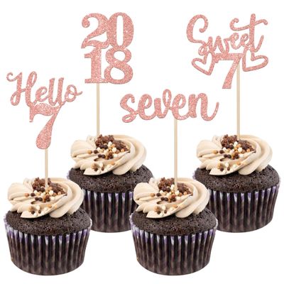 24 PCS 7th Birthday Cupcake Toppers Glitter Hello 7 Seven Cupcake Picks Sweet 7 Since 2018 Cupcake Topper for Happy 7th Birthday Anniversary Party Cake Decorations Supplies Rose Gold