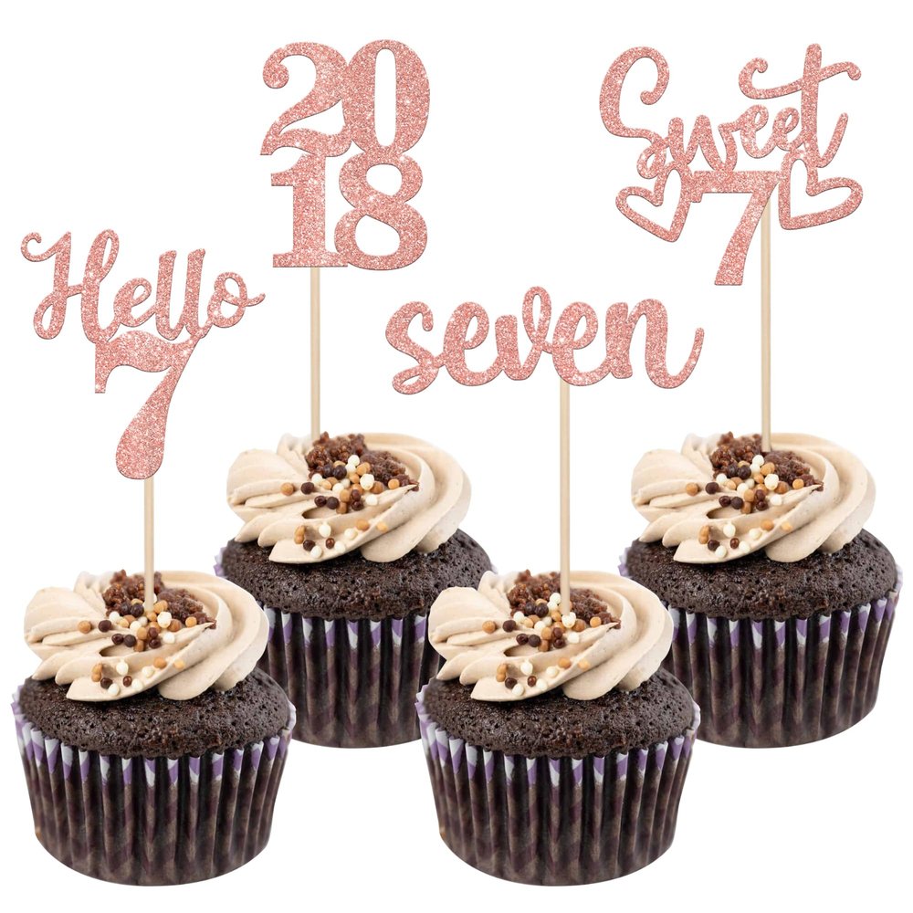 24 PCS 7th Birthday Cupcake Toppers Glitter Hello 7 Seven Cupcake Picks Sweet 7 Since 2018 Cupcake Topper for Happy 7th Birthday Anniversary Party Cake Decorations Supplies Rose Gold