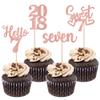 24 PCS 7th Birthday Cupcake Toppers Glitter Hello 7 Seven Cupcake Picks Sweet 7 Since 2018 Cupcake Topper for Happy 7th Birthday Anniversary Party Cake Decorations Supplies Rose Gold view 1