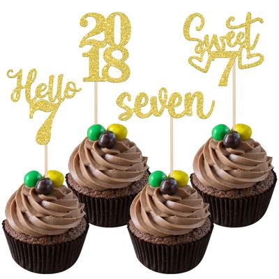 24 PCS Glitter 7th Birthday Cupcake Toppers Hello 7 Seven Cupcake Picks Sweet 7 Since 2018 Cupcake Topper for Happy 7th Birthday Anniversary Party Cake Decorations Supplies Gold