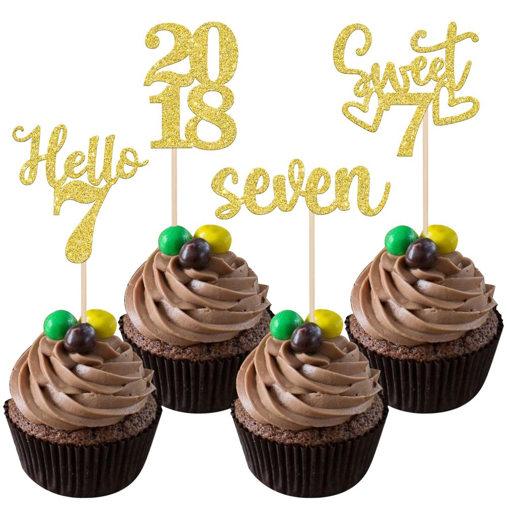 24 PCS Glitter 7th Birthday Cupcake Toppers Hello 7 Seven Cupcake Picks Sweet 7 Since 2018 Cupcake Topper for Happy 7th Birthday Anniversary Party Cake Decorations Supplies Gold
