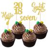 24 PCS Glitter 7th Birthday Cupcake Toppers Hello 7 Seven Cupcake Picks Sweet 7 Since 2018 Cupcake Topper for Happy 7th Birthday Anniversary Party Cake Decorations Supplies Gold view 1