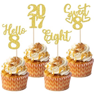 24 PCS Glitter 8th Birthday Cupcake Toppers Hello 8 Eight Cupcake Picks Sweet 8 Since 2017 Cupcake Topper for Happy 8th Birthday Anniversary Party Cake Decorations Supplies Gold