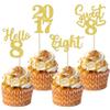 24 PCS Glitter 8th Birthday Cupcake Toppers Hello 8 Eight Cupcake Picks Sweet 8 Since 2017 Cupcake Topper for Happy 8th Birthday Anniversary Party Cake Decorations Supplies Gold view 1