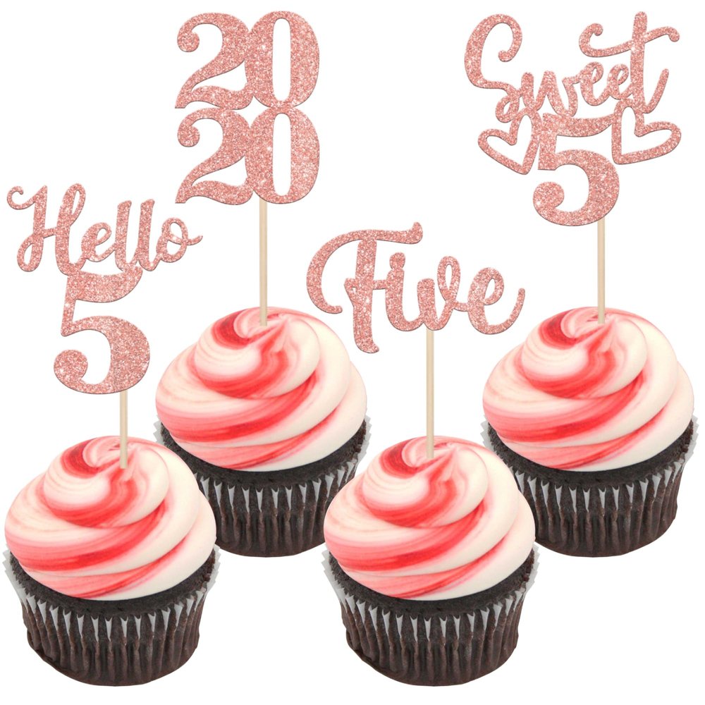 24 PCS 5th Birthday Cupcake Toppers Glitter Hello 5 Five Cupcake Picks Sweet 5 Since 2020 Cupcake Topper for Happy 5th Birthday Anniversary Party Cake Decorations Supplies Rose Gold