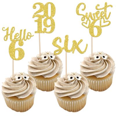 24 PCS Glitter 6th Birthday Cupcake Toppers Hello 6 Six Cupcake Picks Sweet 6 Since 2019 Cupcake Topper for Happy 6th Birthday Anniversary Party Cake Decorations Supplies Gold