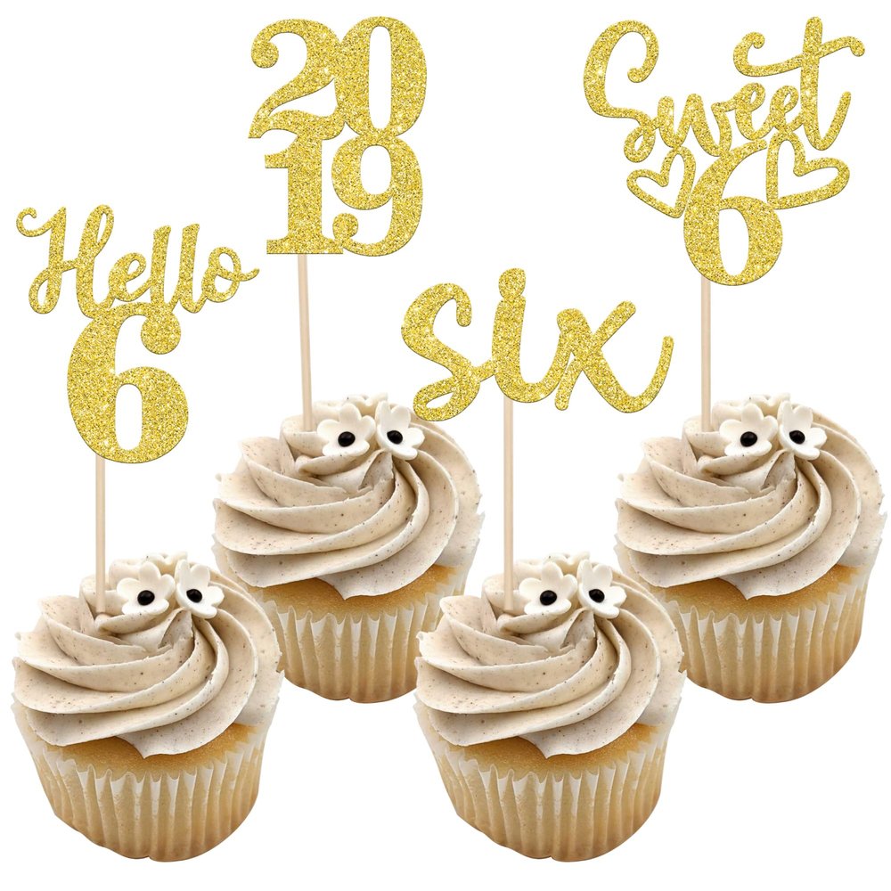24 PCS Glitter 6th Birthday Cupcake Toppers Hello 6 Six Cupcake Picks Sweet 6 Since 2019 Cupcake Topper for Happy 6th Birthday Anniversary Party Cake Decorations Supplies Gold