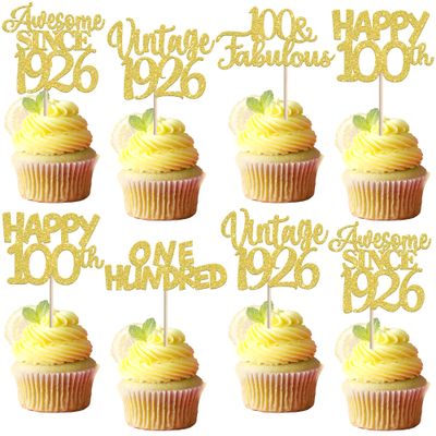 30PCS Vintage 1926 Cupcake Toppers Glitter One Hundred Happy 100th Birthday 100 Fabulous Cupcake Picks Awesome Since 1926 Cake Decorations for 100th Birthday Anniversary Retirement Party Supplies Gold