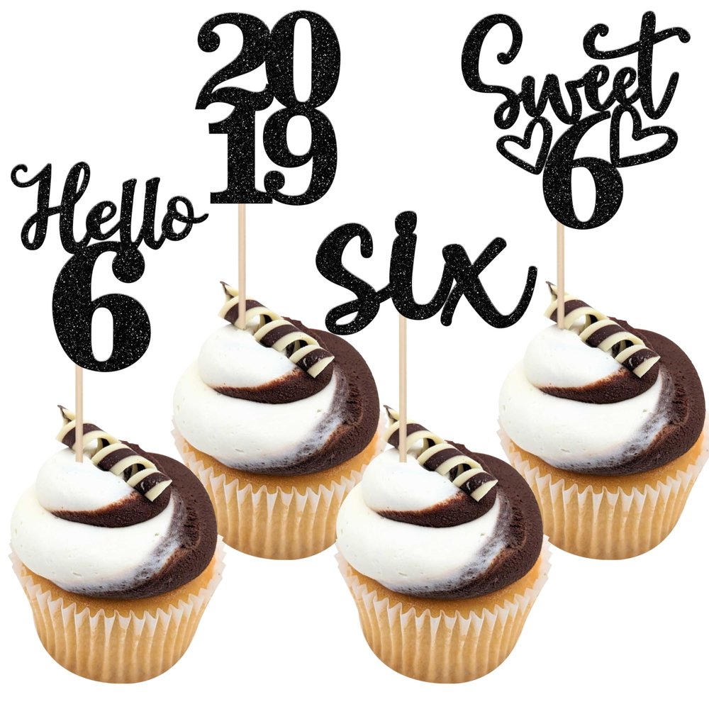24 PCS Black 6th Birthday Cupcake Toppers Glitter Hello 6 Six Cupcake Picks Sweet 6 Since 2019 Cupcake Topper for Happy 6th Birthday Anniversary Party Cake Decorations Supplies