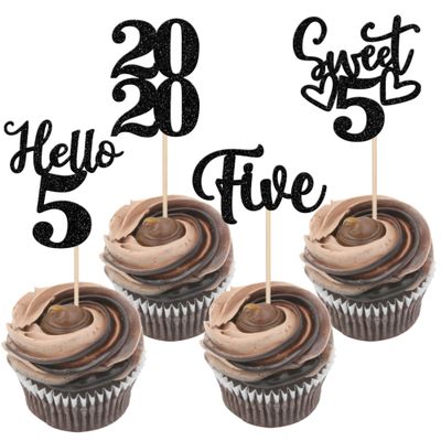 24 PCS Black 5th Birthday Cupcake Toppers Glitter Hello 5 Five Cupcake Picks Sweet 5 Since 2020 Cupcake Topper for Happy 5th Birthday Anniversary Party Cake Decorations Supplies