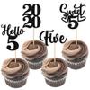 24 PCS Black 5th Birthday Cupcake Toppers Glitter Hello 5 Five Cupcake Picks Sweet 5 Since 2020 Cupcake Topper for Happy 5th Birthday Anniversary Party Cake Decorations Supplies view 1