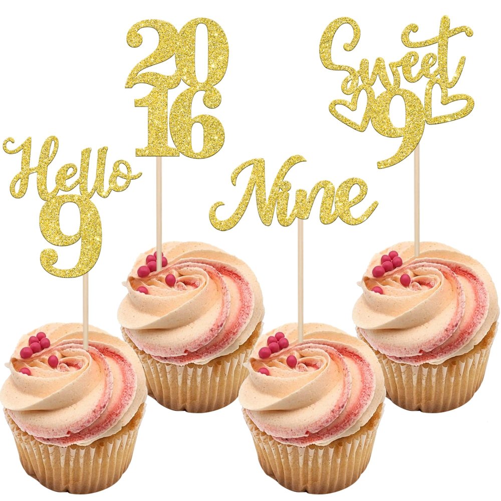 24 PCS Glitter 9th Birthday Cupcake Toppers Hello 9 Nine Cupcake Picks Sweet 9 Since 2016 Cupcake Topper for Happy 9th Birthday Anniversary Party Cake Decorations Supplies Gold